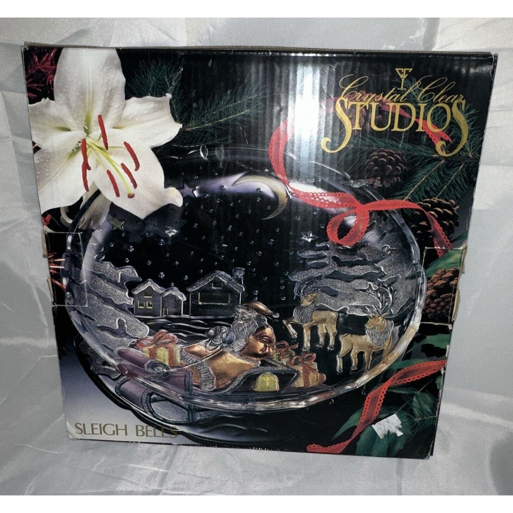 Crystal Clear Studios Sleigh Bells Colored Glass 14’’ Platter Serving Tray w/box
